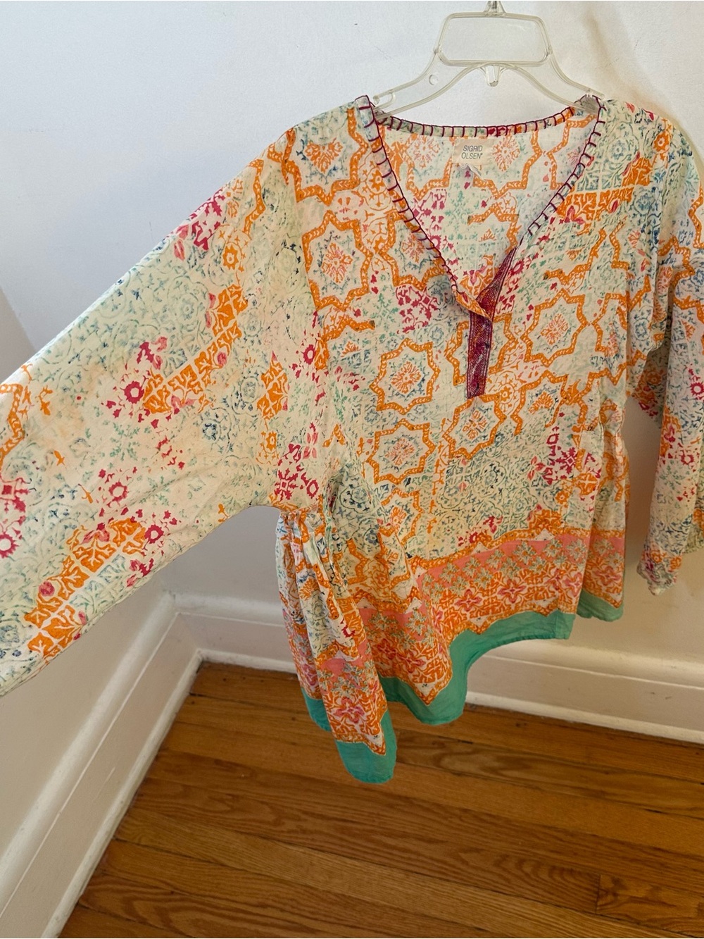 Sigrid Olsen Cotton Henley Boho Babydoll Colorful Casual Lightweight top, Medium